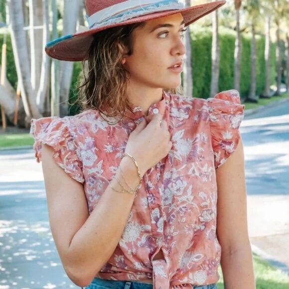 Perry Walker Collective Shirt Womens 3 Celia Blouse top Pink Floral Button - Picture 1 of 9